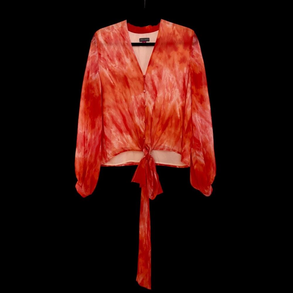 Vince Camuto Red Orange & White Tie Dye Split Neck Blouse